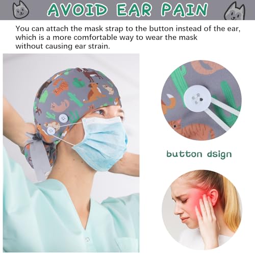 Image of 6 Pcs Scrub Caps for Women Doctor Nursing Hats with Buttons Adjustable Tie Back Working Cap Bouffant Scrub Hats for Women Men