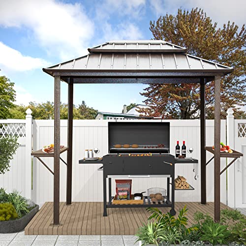 Domi Grill Gazebo 8' × 6', Aluminum Bbq Gazebo Outdoor Metal Frame With Shelves Serving Tables, Permanent Double Roof Hard Top Gazebos For Patio Lawn Deck Backyard And Garden (Brown) #TOP9