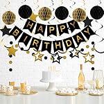 meowtastic Birthday Decorations, Happy Birthday Banner with Honeycomb Balls, Star Hanging Swirl Streamers, Circle Dot Garland, Happy Birthday Party Decorations for Women Men Boys Girls (Black & Gold) - Image 2