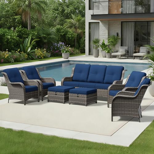 Image of Joyside 7 Piece Wicker Patio Furniture Set, Rattan Patio Chairs with High Back, Deep Seating, Wide Armrest, Thickened Cushions, Outdoor Furniture for Deck, Porch Use