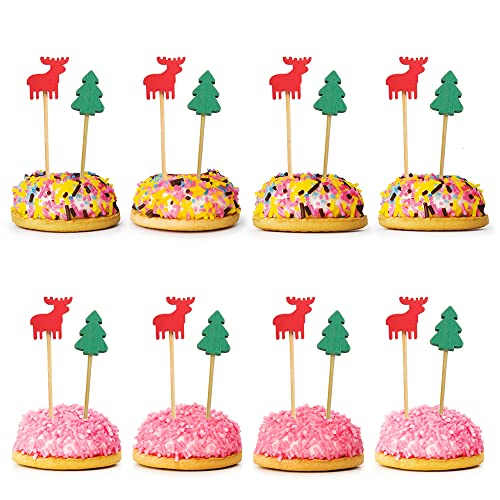100Pcs Christmas Cupcake Toppers Cocktail Sticks Wooden Xmas Tree Toothpick Red Reindeer Fruit Sticks Mini Cake Topper Snack Picks Food Pick Appetizer Picks New Year Eve Home Party Cake Decorations #TOP5