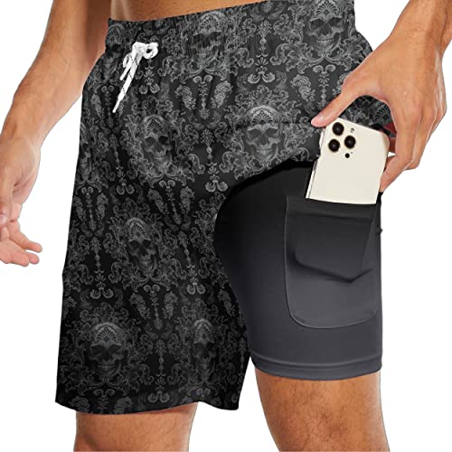 Skull Mens Swim Trunks with Compression Liner Black Gothic Men Swimming Trunks Board Shorts Swimwear 7 Inch Inseam2