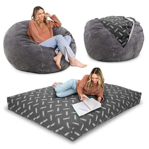 CordaRoys Plush Bean Bag - Convertible Bean Bag Chair - Machine-Washable Plush Fabric Cover - for Basement Living Room Game Room Dorm & More - Full Size - Grey | Made in The USA