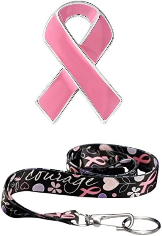 Pink Ribbon Awareness Lapel Pin & Hope, Strength, Love & Courage Lanyard - Perfect for Survivor Gift, Breast Cancer Awareness, Event Promotions, Gift-Giving, Support Groups & Care for Women