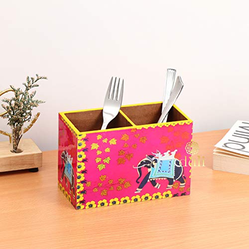 Image of DULI Multipurpose Engineered Wood Stand, Cutlery Holder, Table Organizer with 2 Sections, Elephant Pink, Medium