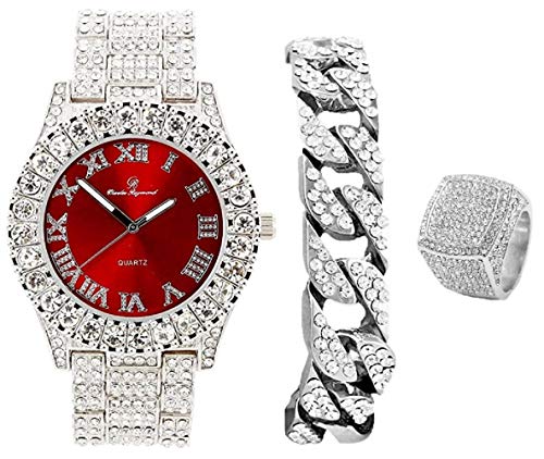 Mens Silver Big Rocks Bezel Bloody-Red Dial with Roman Numerals Fully Iced Out Watch w/Cuban Chain Bracelet & Ring Size 8- Bloody Red/Silver- ST10327CRS (8)