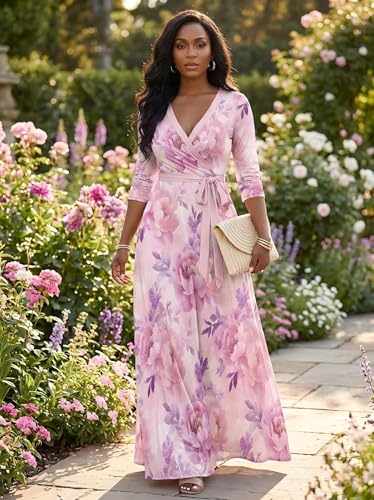 Image of PinkPatty Plus Size Maxi Dress for Women 3 /4 Sleeve Casual Long Dress | Soft stretchy fabric, functional pockets, flattering wrap v neck for vacation, casual wear and everyday styling