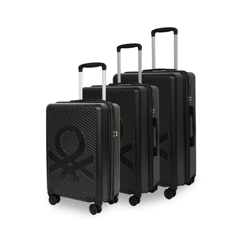 Image of United Colors of Benetton Hard Luggage Glide Set of 3 (Cabin, Mid & Cargo) - Black | PC Carry-On Trolley Bag | TSA Lock & 360 Spinner Wheels Suitcase | Telescopic Handle | Water Resistance