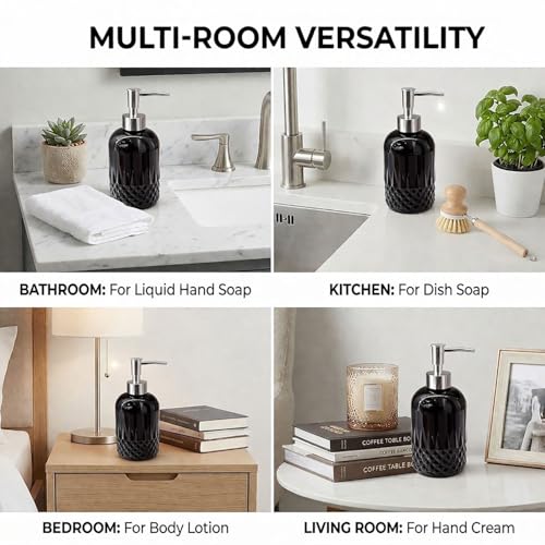 Image of Luxe Home International Diamond Cut Pattern Glass Soap Dispenser for Bathroom and Kitchen Sink Leak Proof Liquid Hand Wash Round Bottle Lightweight Smooth Finish (19.5x8 cm Black) Pack of 1