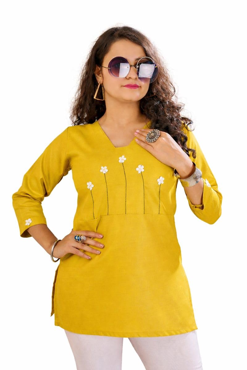 fulpari Women's Peplum Short Kurti in TOP Cotton Blend | Ladies Ethnic Tunic | Office (Yellow)-picture-7