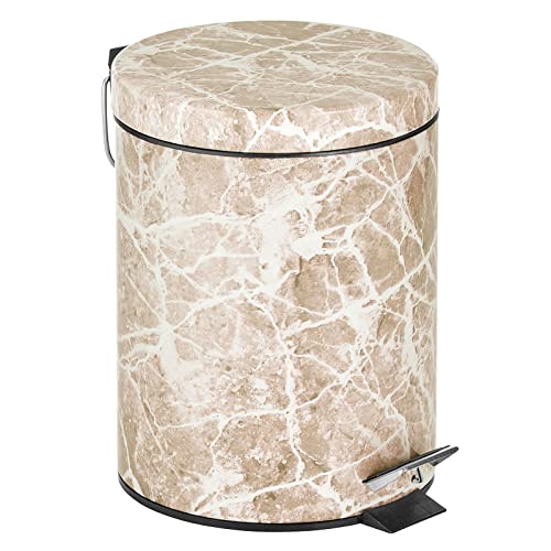 mDesign Small Modern 1.3 Gallon Round Metal Lidded Step Trash Can, Compact Garbage Bin with Removable Liner Bucket and Handle for Bathroom, Kitchen, Craft Room, Office, Garage - Taupe/Tan Marble