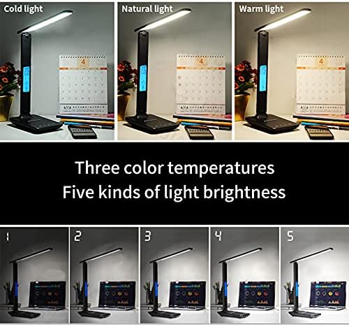 LED Desk Lamp with 10W Wireless Charger, USB Charging, Touch Control Table Lamp Light with 3 Color Mode, 5 Brightness, Time, Temperature, Clock Function for Home Office School Work Study (Black)