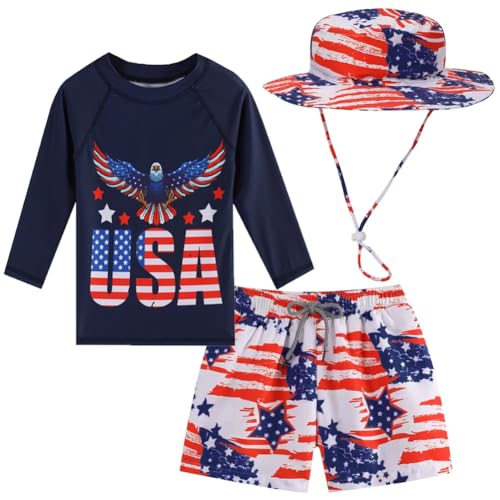 Toddlers and Baby Boys' 3-Piece Rash Guard Swimsuits Kids Long Sleeve Sunsuit Swimwear Sets(American Flag,18-24 Months)