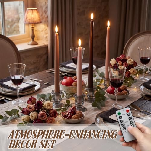 Image of Rossesay 16 Pcs Brown Flameless Taper Candles Battery Operated Candles with Remote Timer 8.5 inch 9.6 inch 10.8 inch 12.8 inch Multiple Sizes LED Flickering Candlestick for Wedding Party Centerpieces Decor