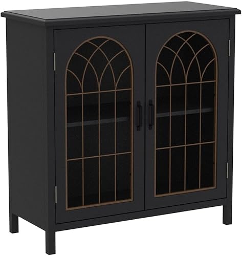 Miniatura 5 de Sophia & William Aparador de buffet armario de almacenamiento con puerta de ventana de iglesia de metal para cocina, comedor, entrada, gris oscuro
