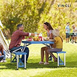 VINGLI 4 Ft Camping Picnic Table Set with 4 Seats with Umbrella Hole Folding Lightweight Suitcase Card Table-220 Lbs Support Aluminum Frame, Plastic RV Tabletop for Barbecue,Travel,Outing,Gathering
