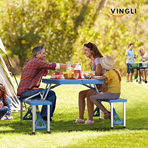 VINGLI 4 Ft Camping Picnic Table Set with 4 Seats with Umbrella Hole Folding Lightweight Suitcase Card Table-220 Lbs Support Aluminum Frame, Plastic RV Tabletop for Barbecue,Travel,Outing,Gathering by VINGLI - Used condition - Image 5