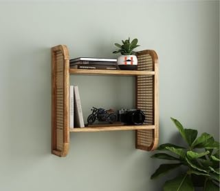 Wooden Wall Mounted Shelf, 152.4 x 76.2 x 22.8 cm, Dark Brown, 6 Shelves with Cane Side Panels, Modern Contemporary