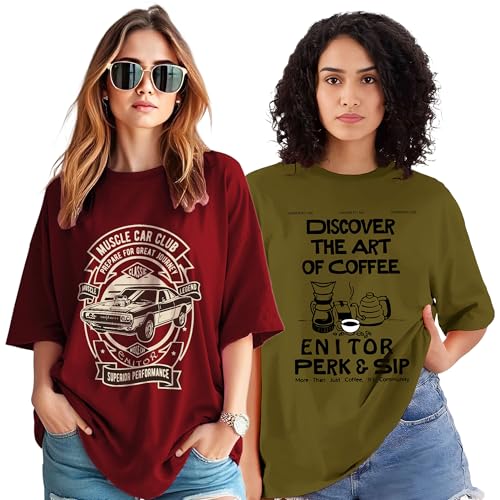 AUSK Oversized T-Shirt for Womens || Graphic Front Printed Loose fit Womens Tshirt (Pack of 2)