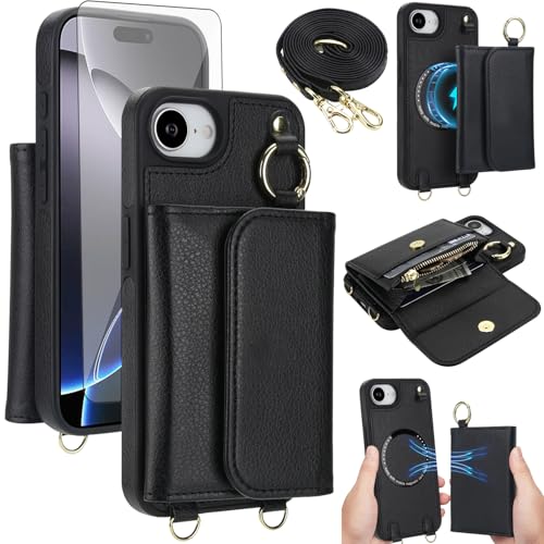 Phone Case for iPhone 16e/SE 2025/SE 4 Wallet Detachable Cover Screen Protector Compatible with MagSafe Crossbody Lanyard Strap RFID Blocking Flip i Phone16e i16e 4th Generation Women Men Black