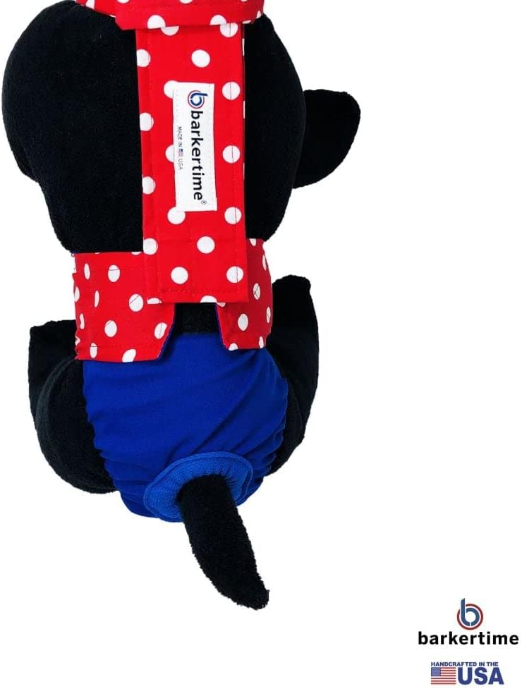 Red Polka Dot on Blue Dog Diaper Overall, XXL, Without Tail Hole - Made in USA