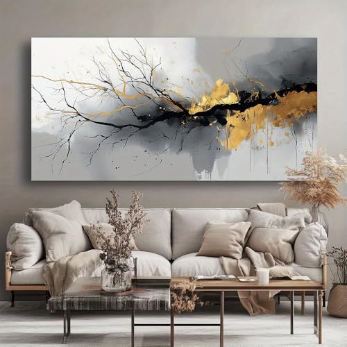 Tableau abstrait or et noir encadré œuvre d'art sur toile haut de gamme