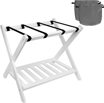 Foldable Luggage Rack Suitcase Stand Storage Luggage Holder with Storage Bags Shelf Luggage Rack for Guest Room Hotel Bedroom Hold up to 150lb, White 1pc