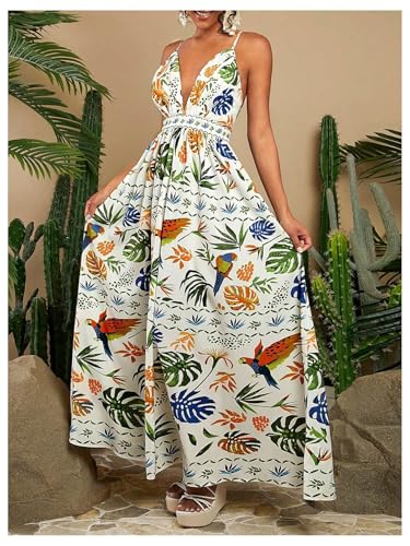 Image of SHENHE Women's Summer Tropical Sundress Deep V Neck Criss Cross Backless Flowy Maxi Dress
