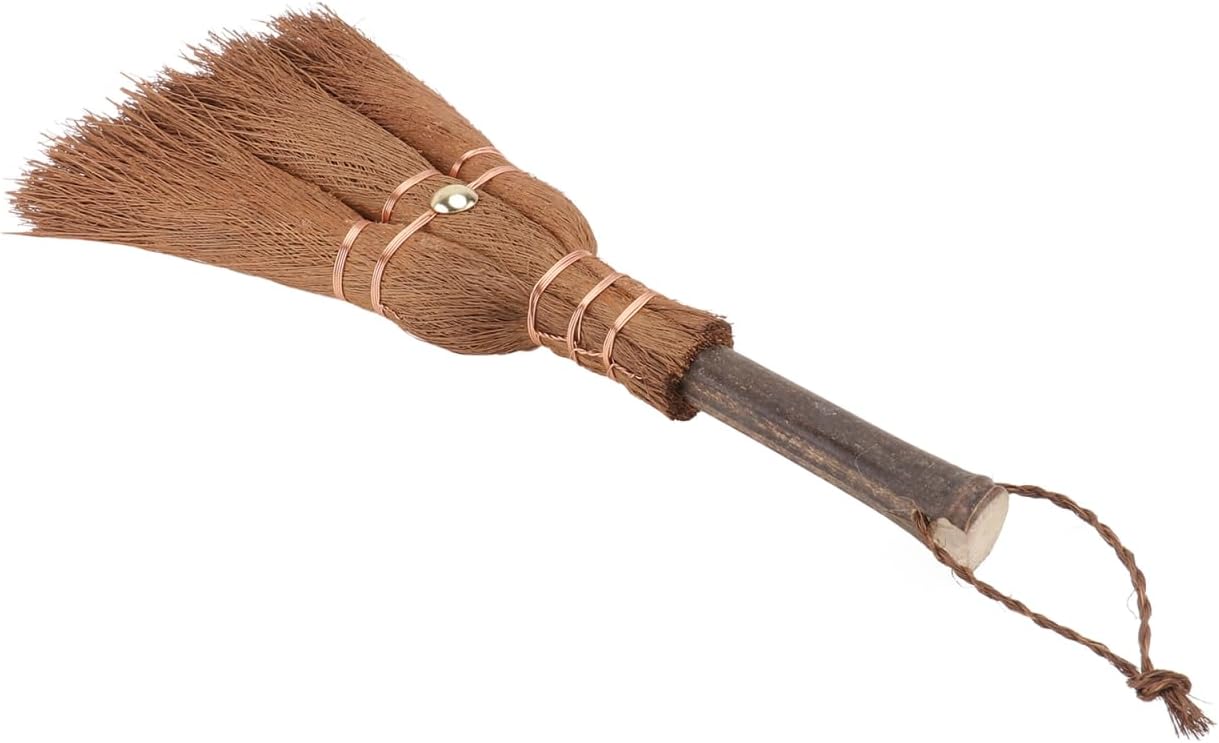 Ipetboom Mini Palm Broom 9.45X3.15 Inch Lightweight Brown Brush with Hanging Rope Small Whisk Broom for Household Cleaning and Tea Ceremony