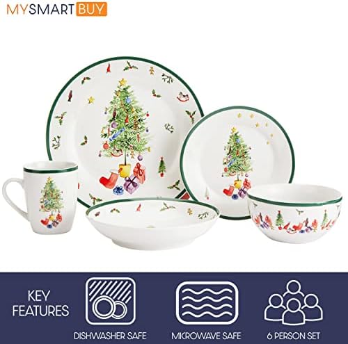 30 Piece Festive Christmas Tree Dinnerware Set  White & Green Dinner & Side Plate, Deep Bowl, Pasta Bowl & Mug Set  Dishwasher & Microwave Safe Porcelain Dining Set for 6 People