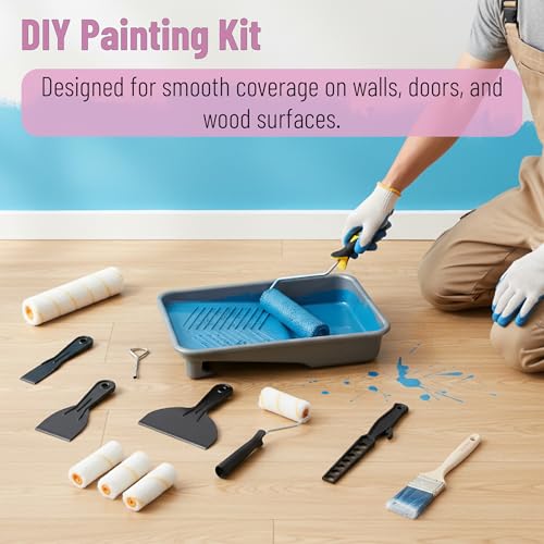 Bates- 9 Inch Paint Roller Kit, 17 pcs, Plastic Paint Tray, Clear Disposable Tray Liners, 4\" & 9\" Roller Frame, Roller Covers 4\" & 9\", Angle Brush, Plastic Scrappers, Can Opener and Stirring Rod