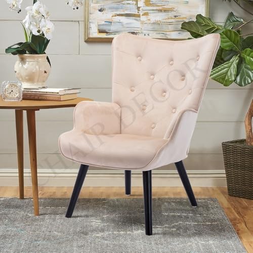 Image of Velvet Wingback Accent Chair for Living Room | Luxury High Back Tufted Armchair with Glossy Metal Legs | Modern Velvet Upholstered Lounge Chair for Home & Office | 1 Pc (Baby Pink)