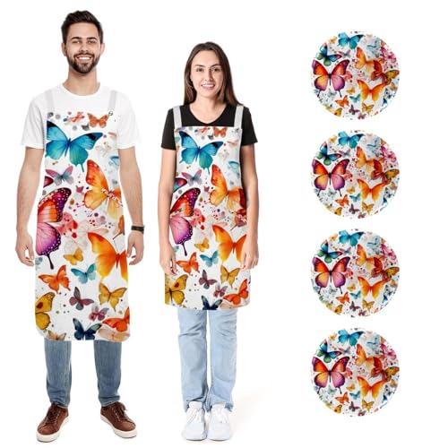 Lot de 2 tabliers de cuisine aquarelle papillons colorés imperméables