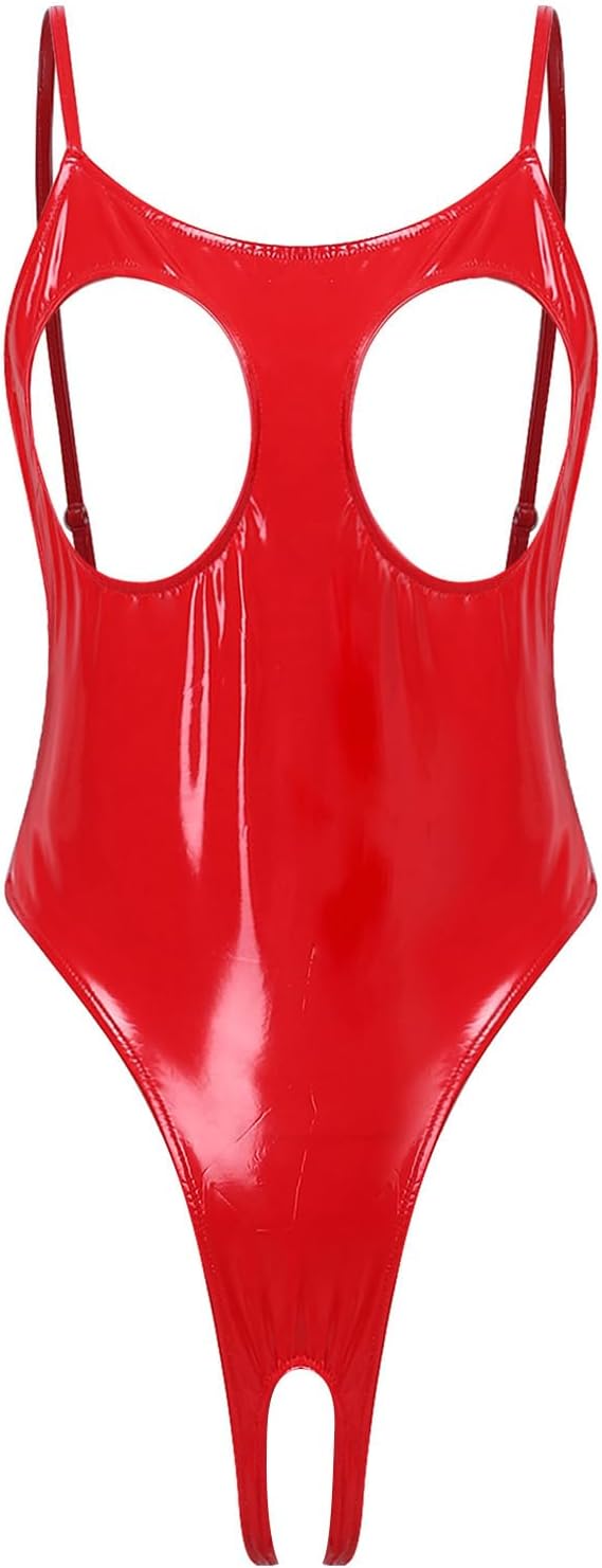 Jelory Lingerie for Women Latex Catsuit Open Nipple Shelf Body Tops Vinyl Stretchy Tights High Cut Thong