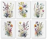Colorful Wildflower Art,Watercolor Minimalist Wildflowers Art Print,Modern Botanical Plant Leaves Canvas Wall art,Blooming Flower Artwork for Garden Farmhouse Decor (Set of 6) - Unframed - 8X10 inch