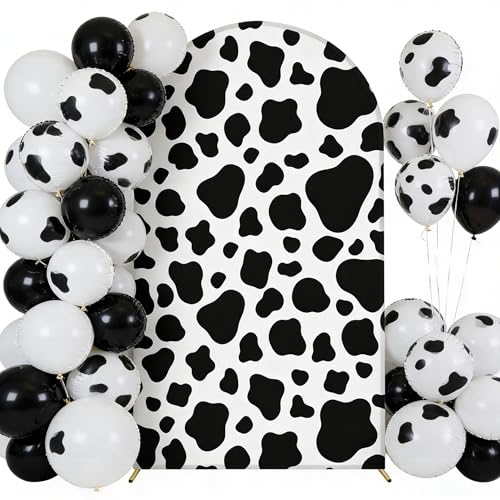 Irisbell Cow Arch Backdrop Cover 6FT,Spandex Fitted Arch Cover for Farmhouse Theme Party,Stretchy Round Top Chiara Arch Stand Cover for Birthday,Cowboy Party,Baby Shower (Cow, 6FT)