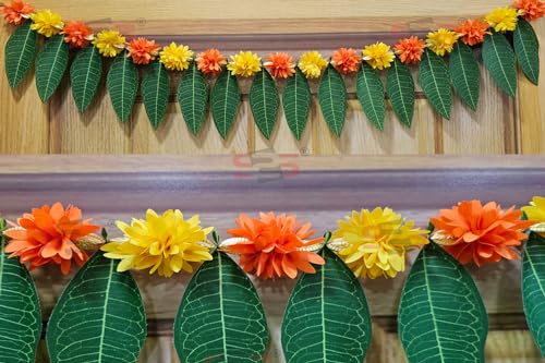 Image of S2S Artificial Marigold & Mango Leaves Simple Door - Window toran /Door hangings /Festive Decorations | 1 Piece | (Yellow and Orange) (Length - 40 Inch)