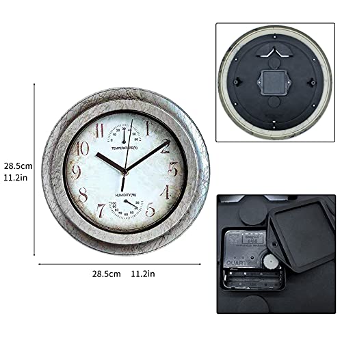 QUWOTXE Vintage Wanduhr Outdoor Garten 12 Zoll Indoor Outdoor Uhr mit Thermometer und Hygrometer, Retro Antiquierter Industriestil