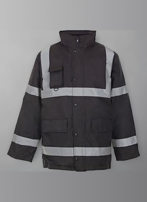 Hi Viz 3/4 Length Parka Reflective Tape Waterproof Quilted Work Jacket Coat High Vis Safety Workwear Security Road Works Concealed Hood Fluorescent Flashing Black Medium