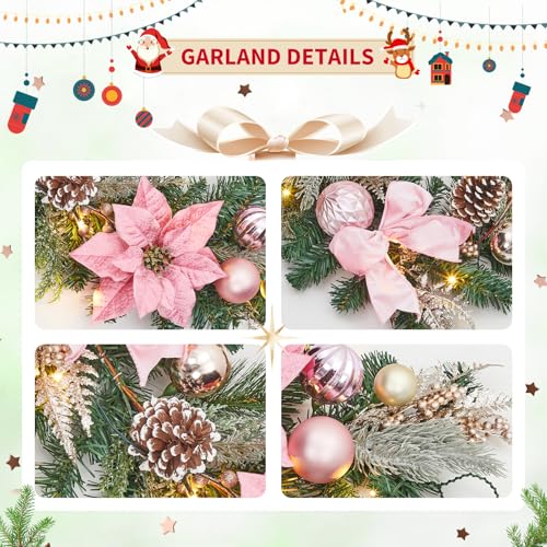 GarveeHome 6ft Pink Christmas Garland with 20 LED Lights, Prelit Xmas Garland for Mantle with Timer Poinsettia Flowers, 8 Lighting Modes, for Indooor Outdoor Fireplace Stairs Railing Decorations