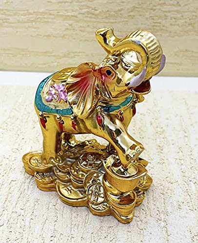 Exclusive (Set of 1) Fengshui Polyresin Golden Elephant Trunk Up with Ingots & Coins for Wealth Good Luck & Fortune. (ES-2588)