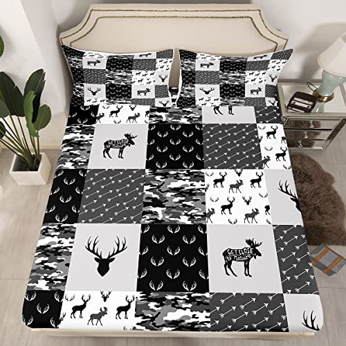 Deer Fitted Sheet for Boys, Grey Black Camo Bedding Set Boho Antlers Silhouette Bed Sheet Kids Teens Camouflage Grunge Arrows Pattern Fitted Bed Sheets with 1 Pillow Case, Twin Size(No Top S