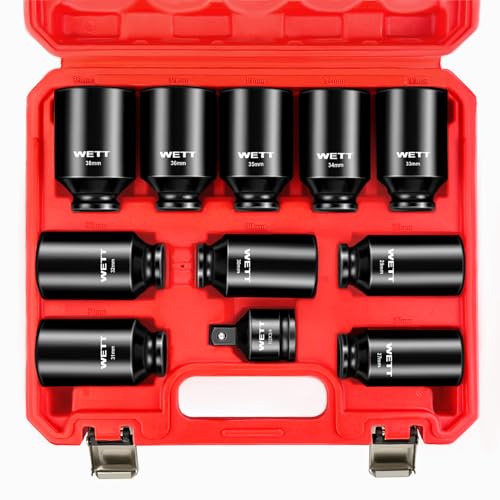 WETT 1/2" Drive Deep Large Impact Socket Set, 11-Piece Spindle Axle Nut Wheel Wrench Sockets Set, Jumbo Metric 6 Point Sockets with 3/4 to 1/2 Adapter, CR-MO, (27mm-38mm)