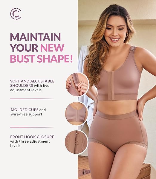 Image of CURVEEZ Post-Surgery Front Closure Wireless Bra, Compression Shapewear Top with Wide Straps for Breast Augmentation Recovery