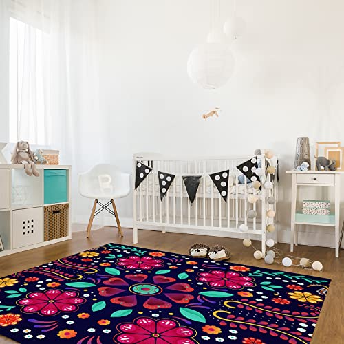 Abstract Flower Area Rug For Bedroom Living Room- Art Red Plant Leaves Colorful Floral Mexican Style Contemporary Floor Carpet Comfy Runner Rug Nursery Playmats Home Decor Mat, #TOP2