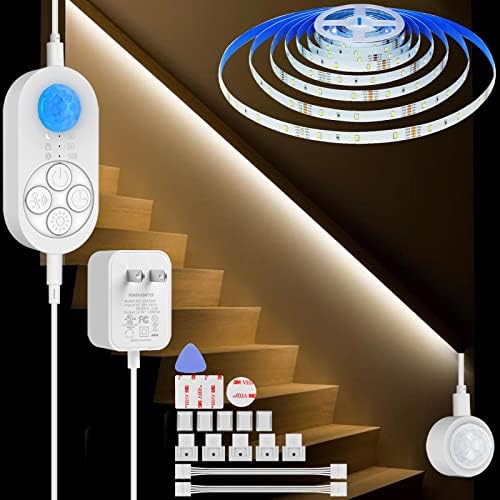 Dual Sensor Stair Lights Indoor, Plug-in Motion Activated Step Light Strip Indoor with Double Motion Sensor, Dimmer, Delay Timer for Stairway, Double Bed, Corridor, Warm White 3000K, 16.4FT, 150 LEDs