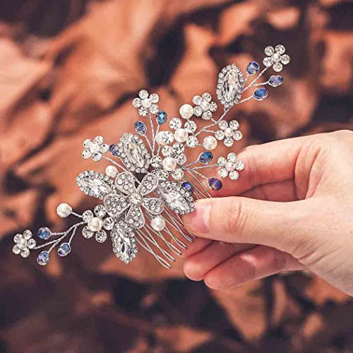 Evild Flower Birdal Hair Comb Silver Rhinestone Side Comb Headpieces Blue Crystal Wedding Hair Accessories For Women #TOP19