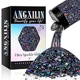 ANGXILIN Holographic Chunky Glitter, 190g/6.7oz Chunky and Fine Mixed Craft Glitter, Bulk Laser Sequin Glitter for Face Body Nail Art,Epoxy Resin Tumbler Jewelry Making Glitter (Laser Black)