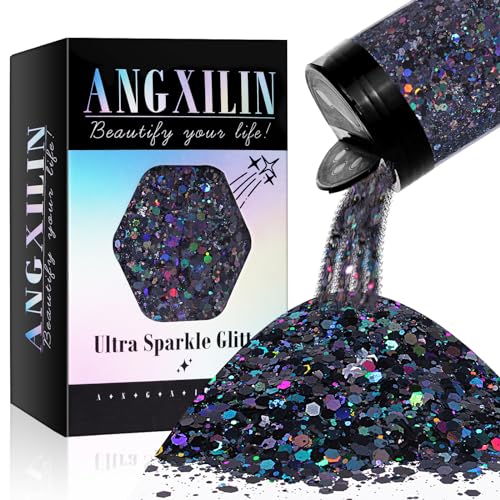 ANGXILIN Holographic Chunky Glitter, 190g/6.7oz Chunky and Fine Mixed Craft Glitter, Bulk Laser Sequin Glitter for Face Body Nail Art,Epoxy Resin Tumbler Jewelry Making Glitter (Laser Black)