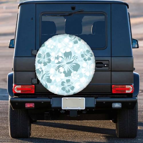 Image of Hibiscus Spare Tire Cover 15 inch for RV Trailer Hawaii Flower Floral Light Green and White Wheel Protectors Weatherproof Polyester Tire Case for All Cars SUV Camper Travel